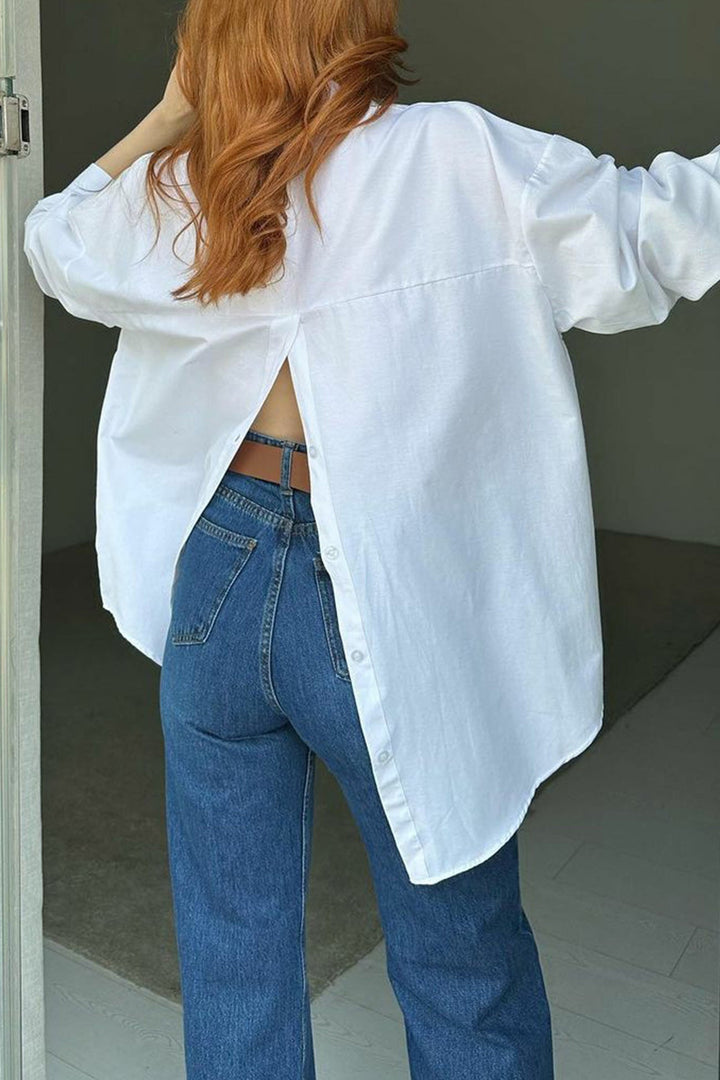 Single-breasted Back Slit Solid Blouse Orange · 2XL