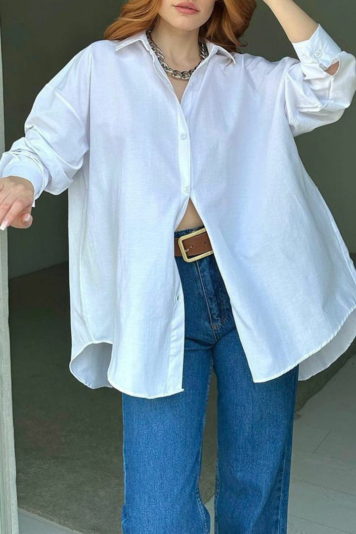 Single-breasted Back Slit Solid Blouse White · S