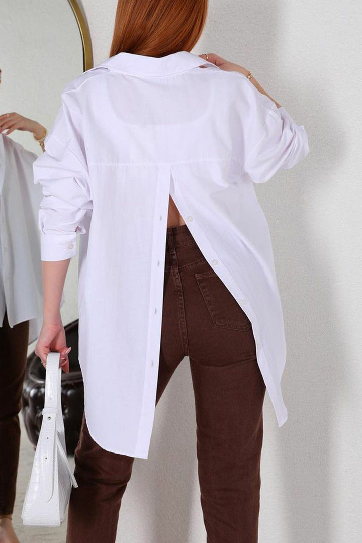 Single-breasted Back Slit Solid Blouse White · M