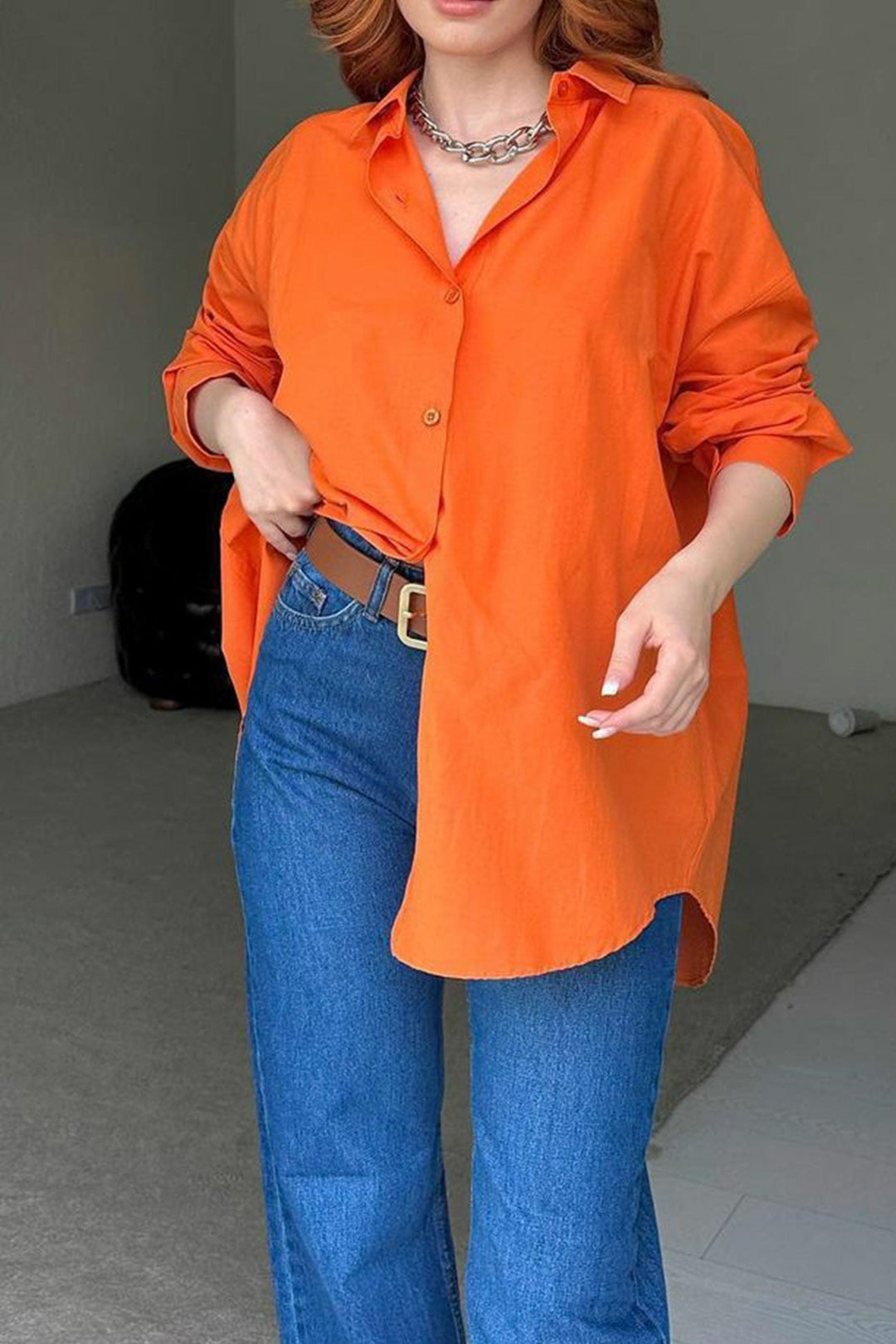 Single-breasted Back Slit Solid Blouse Orange · S