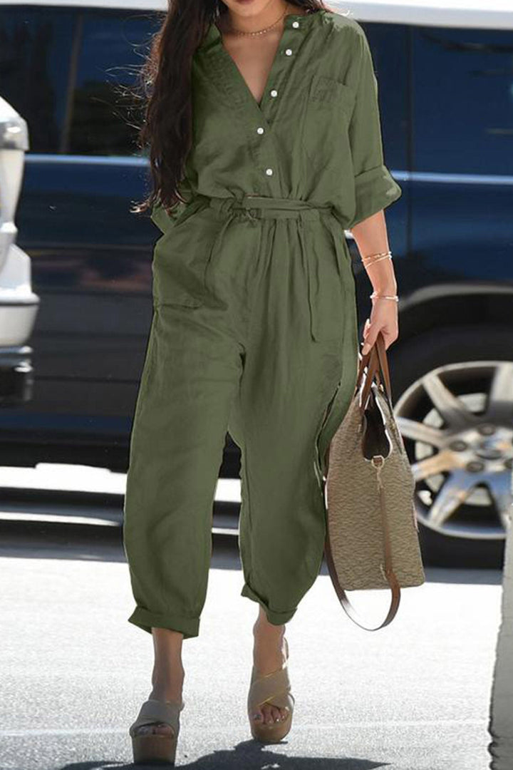 Single-breasted Belted High Waist Jumpsuits Pink · M