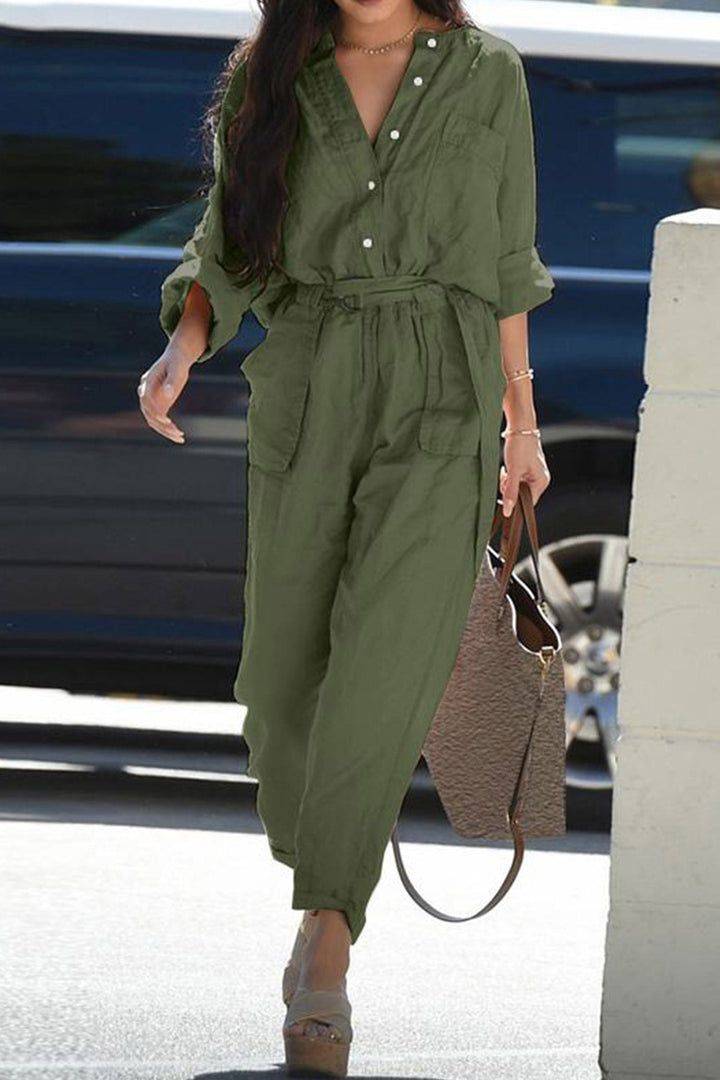 Single-breasted Belted High Waist Jumpsuits Pink · L