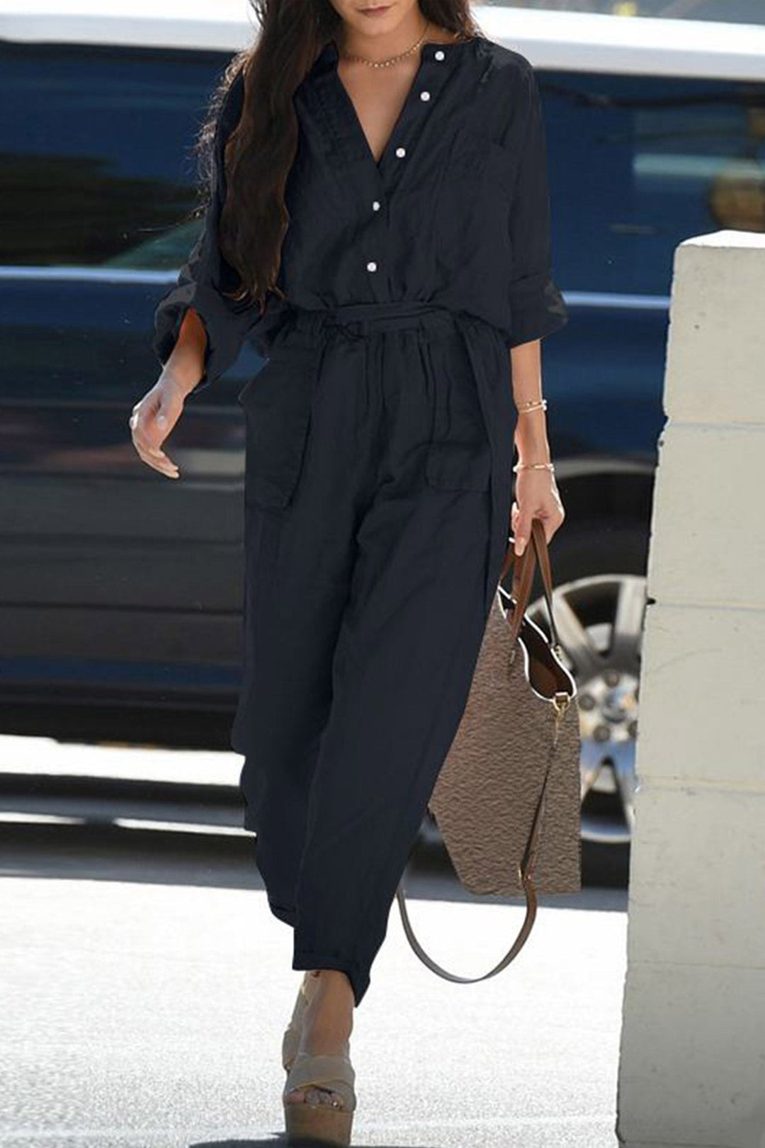 Single-breasted Belted High Waist Jumpsuits Pink · 2XL