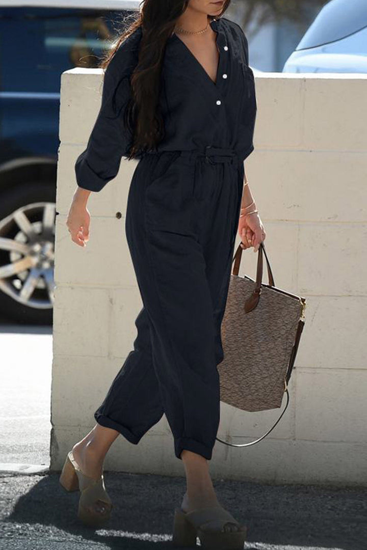 Single-breasted Belted High Waist Jumpsuits Pink · 3XL