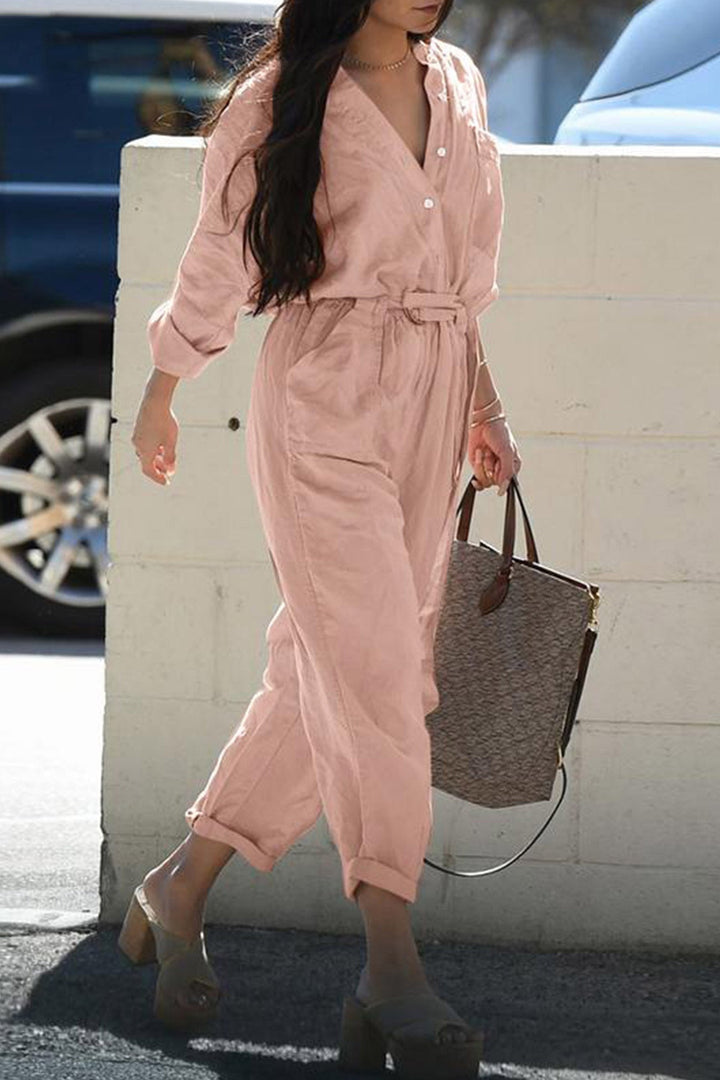 Single-breasted Belted High Waist Jumpsuits Pink · S