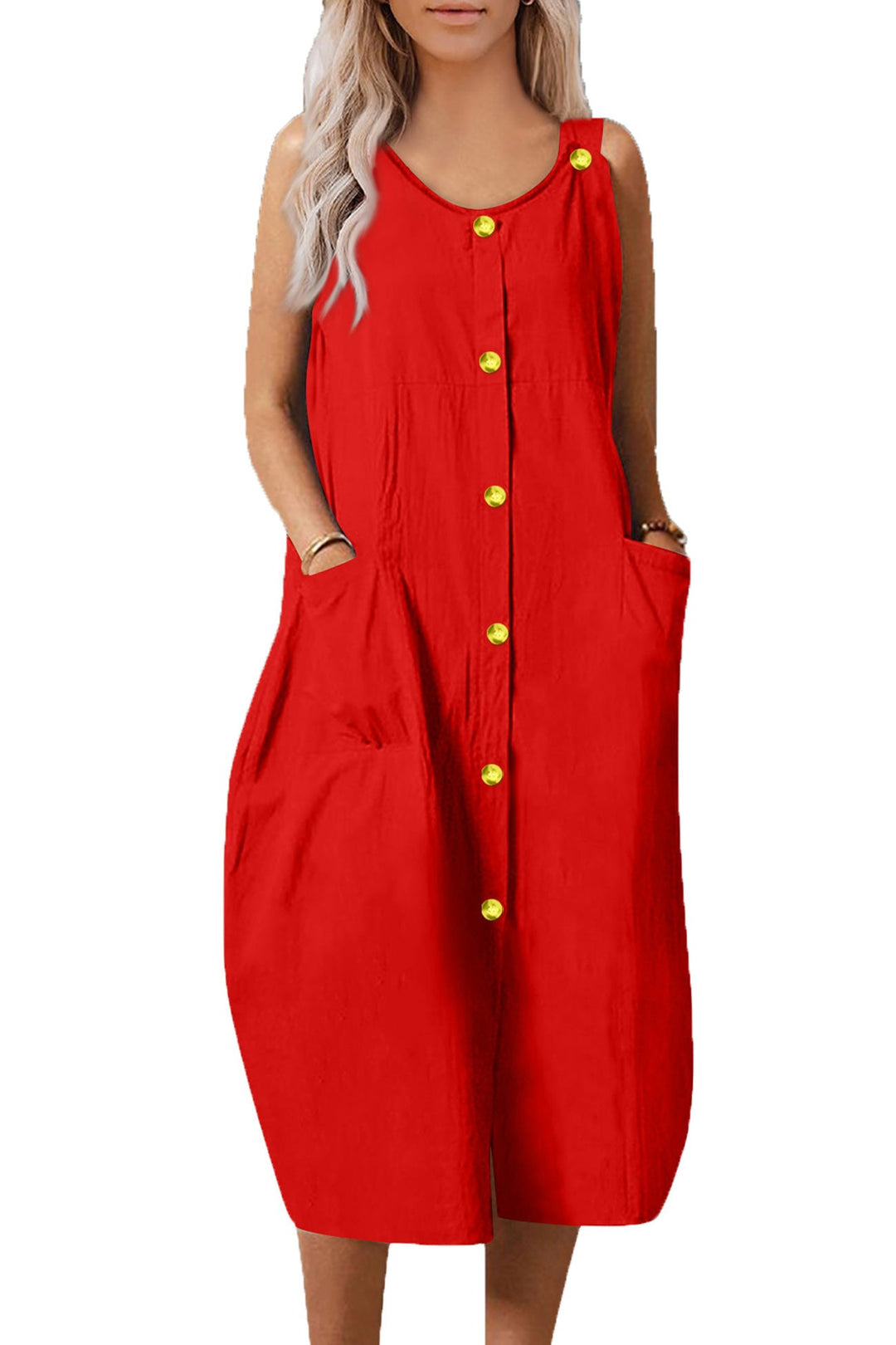 Single-breasted Pocketed Cotton Sundress Wine · 2XL