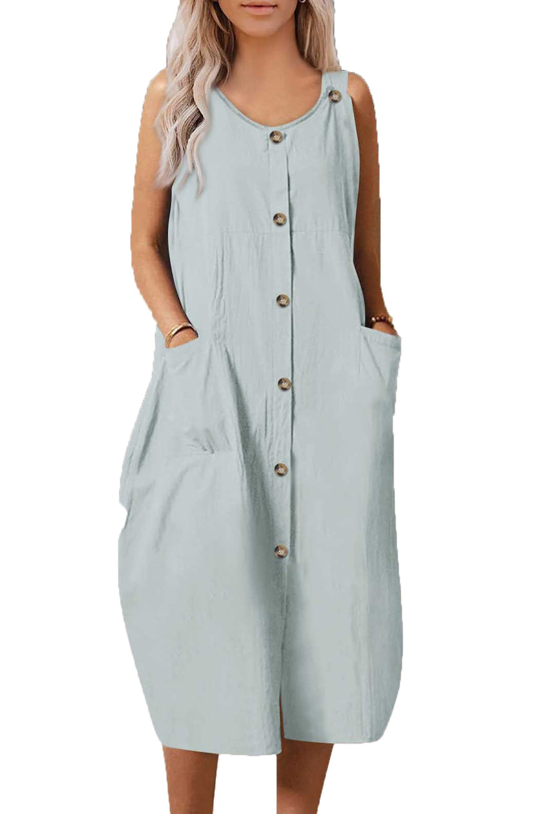 Single-breasted Pocketed Cotton Sundress Grey · L