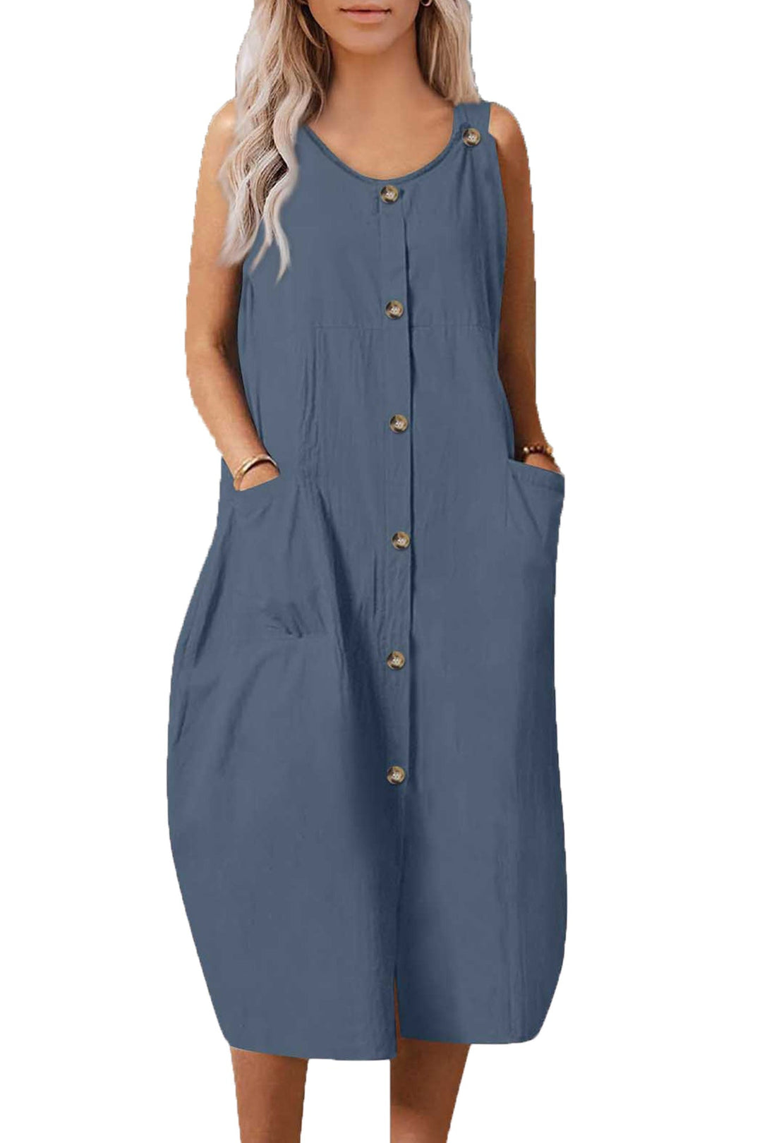 Single-breasted Pocketed Cotton Sundress Grey · M