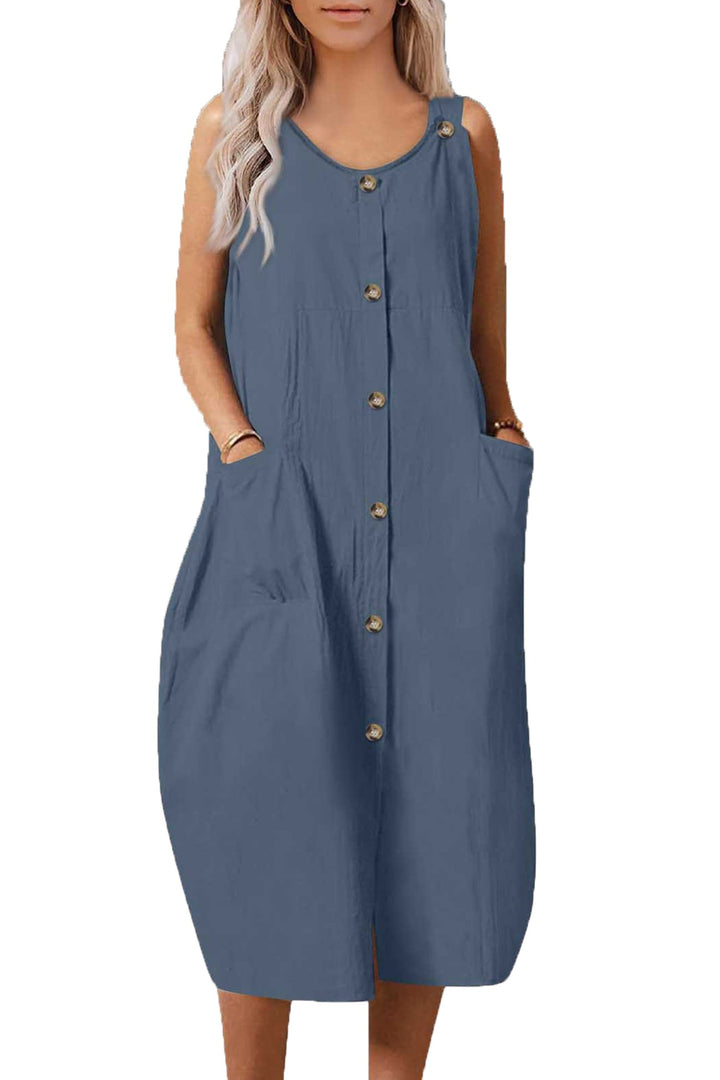 Single-breasted Pocketed Cotton Sundress Grey · M