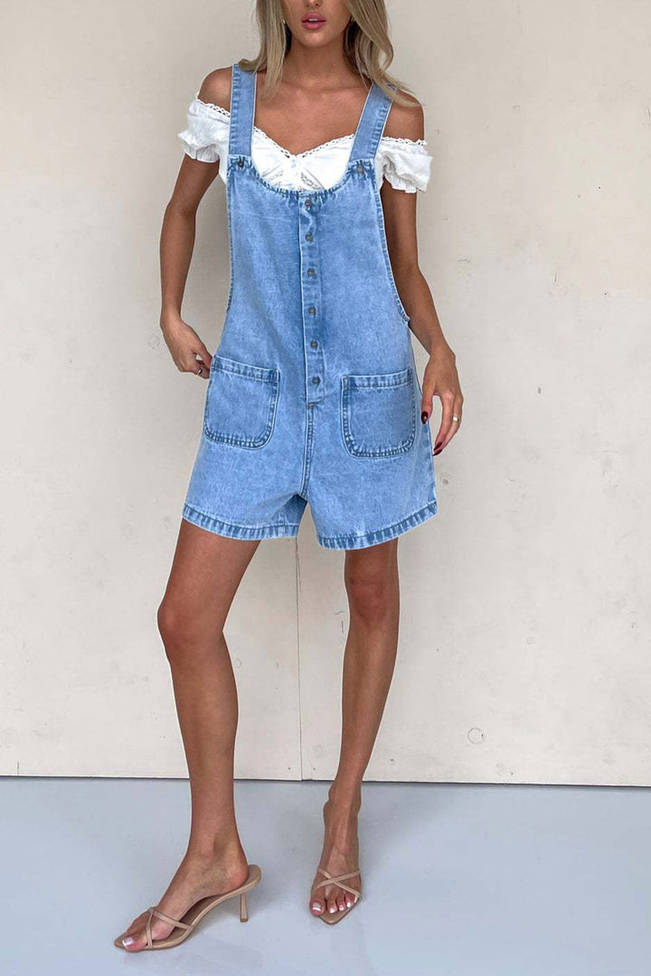 Single-breasted Pocketed Denim Overalls Blue · M