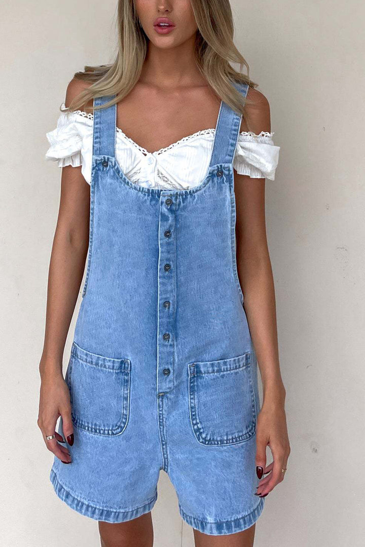 Single-breasted Pocketed Denim Overalls Blue · XL