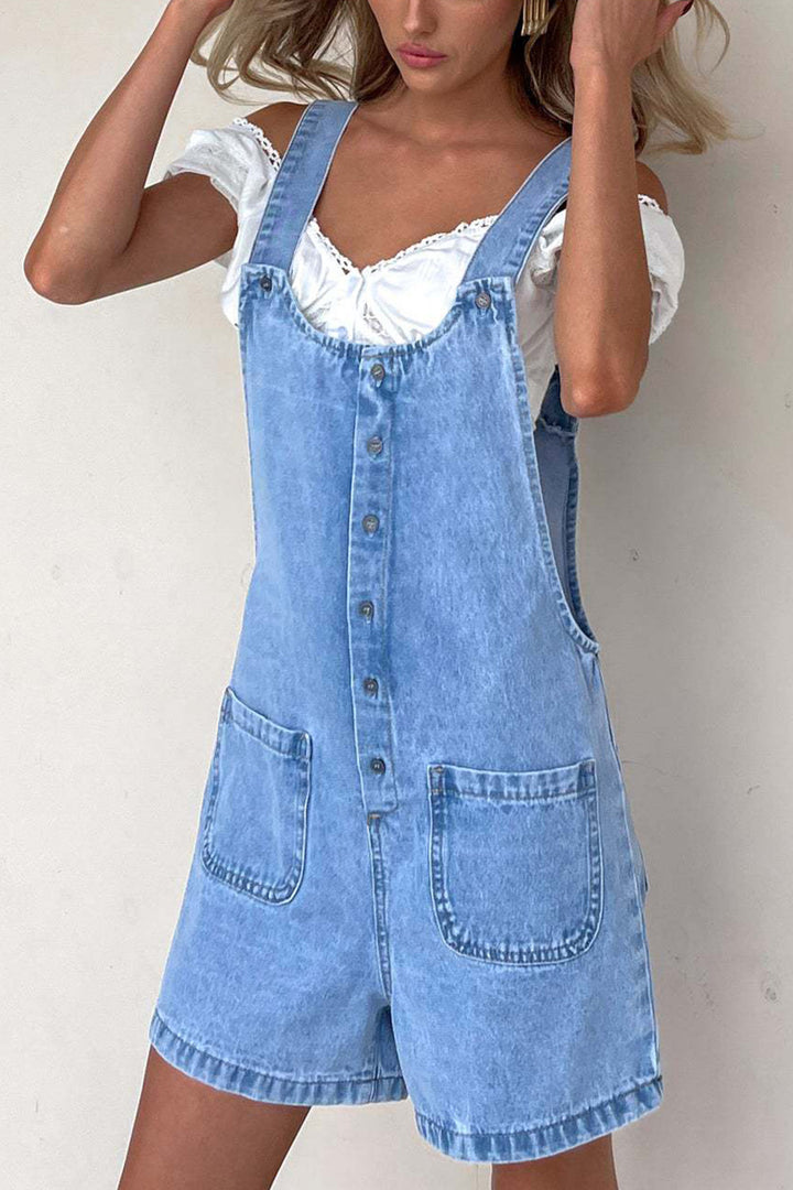 Single-breasted Pocketed Denim Overalls