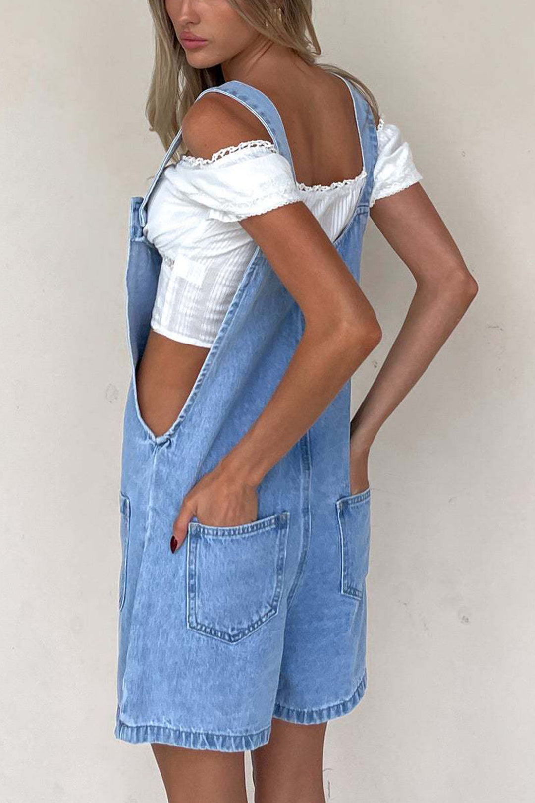 Single-breasted Pocketed Denim Overalls Blue · S