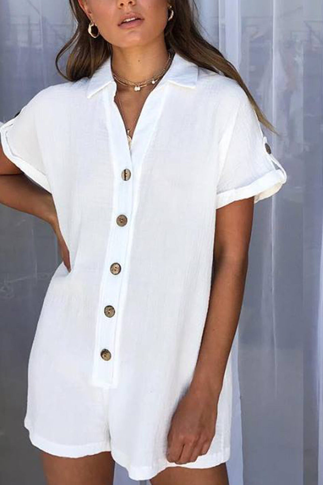 Single-breasted Pocketed Shirt Rompers White · S