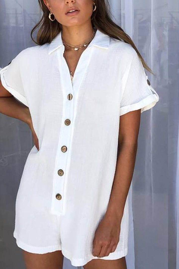 Single-breasted Pocketed Shirt Rompers White · S