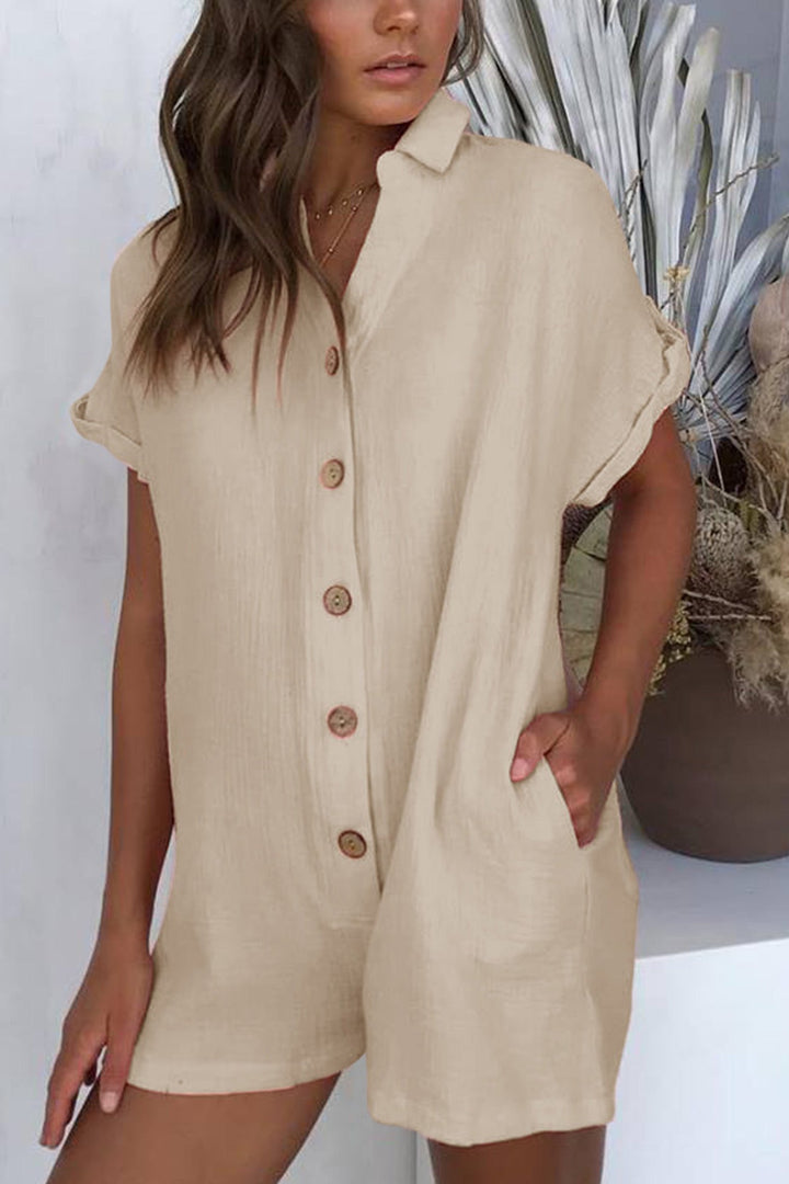 Single-breasted Pocketed Shirt Rompers Khaki · 2XL
