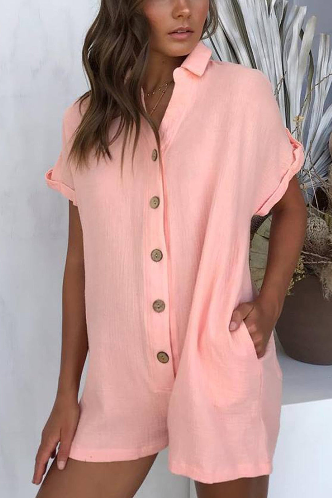 Single-breasted Pocketed Shirt Rompers Pink · M