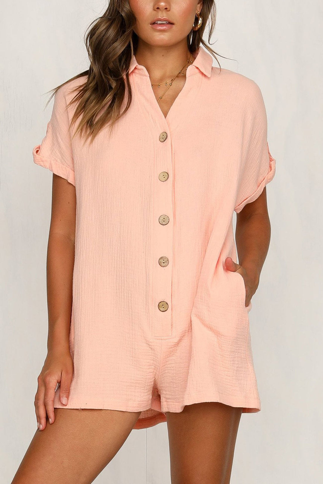 Single-breasted Pocketed Shirt Rompers Pink · L