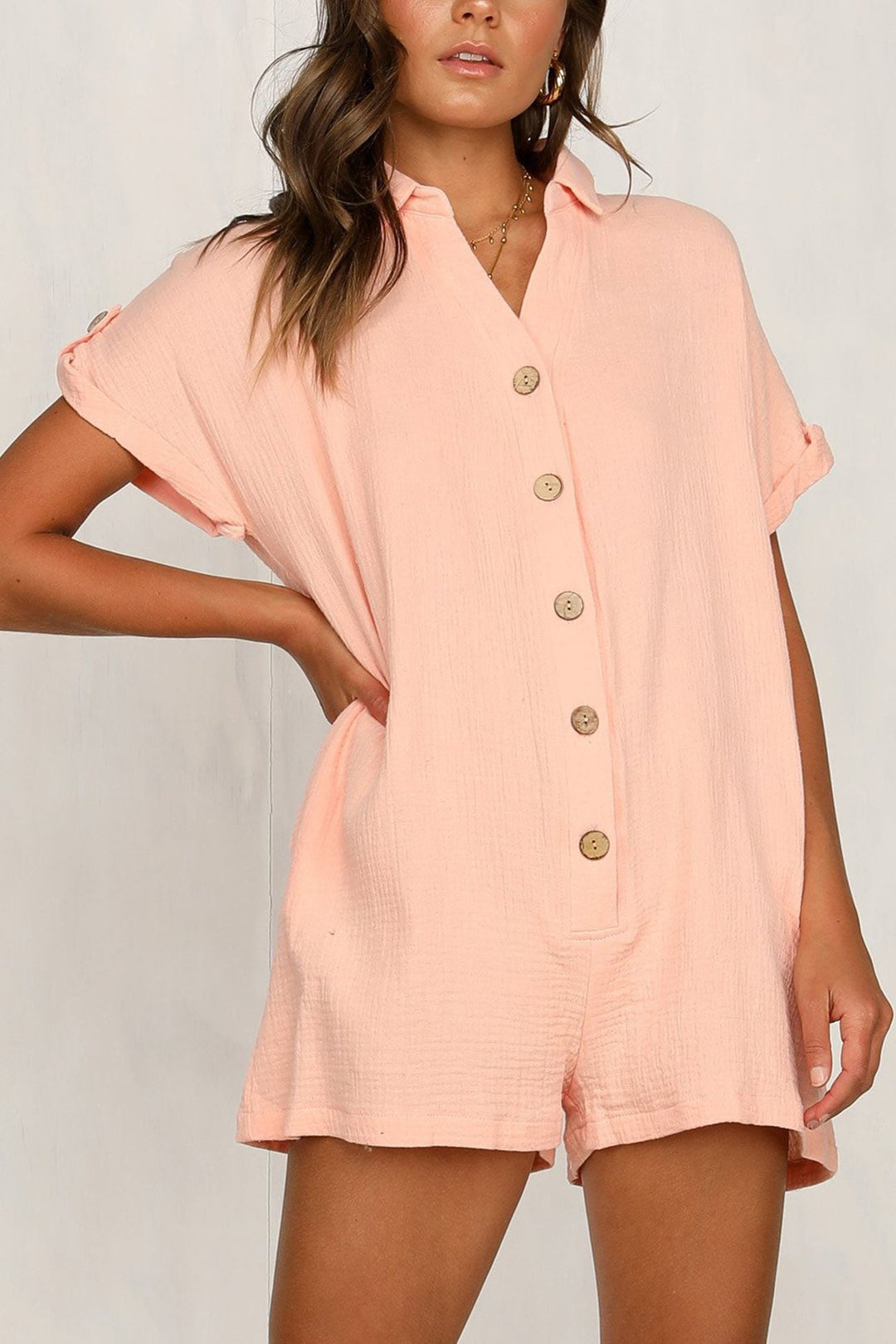 Single-breasted Pocketed Shirt Rompers Pink · XL