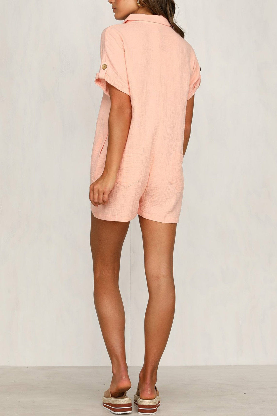 Single-breasted Pocketed Shirt Rompers Khaki · M