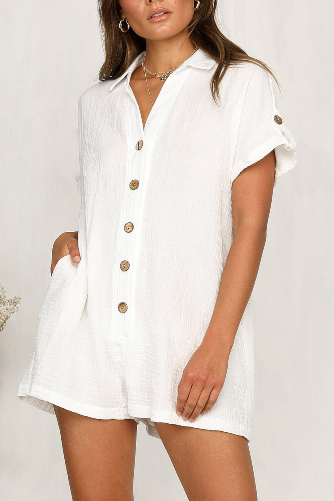 Single-breasted Pocketed Shirt Rompers White · M