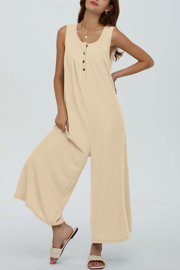 Single-breasted Pocketed Sleeveless Jumpsuits Apricot · M