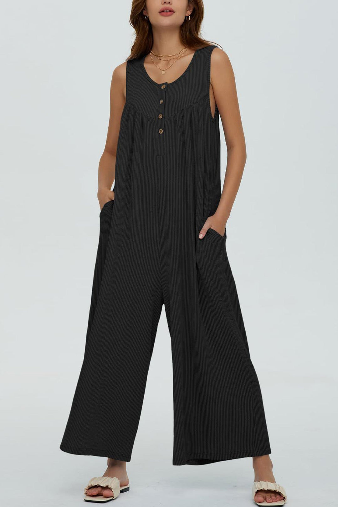 Single-breasted Pocketed Sleeveless Jumpsuits Grey · L