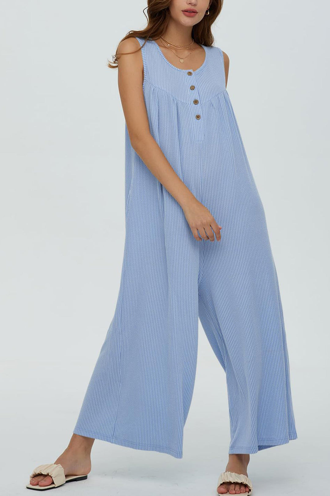 Single-breasted Pocketed Sleeveless Jumpsuits Blue · S