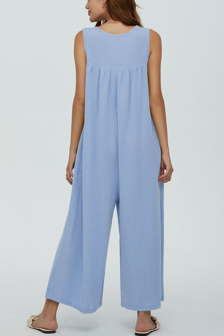 Single-breasted Pocketed Sleeveless Jumpsuits Blue · L