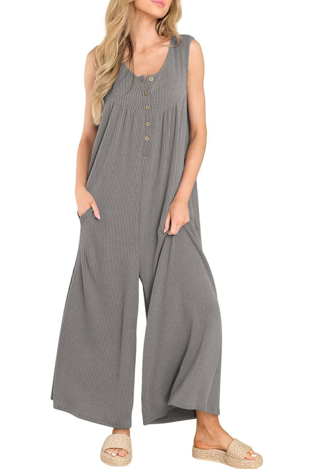 Single-breasted Pocketed Sleeveless Jumpsuits Blue · XL