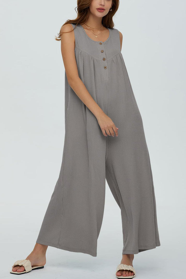 Single-breasted Pocketed Sleeveless Jumpsuits Grey · S