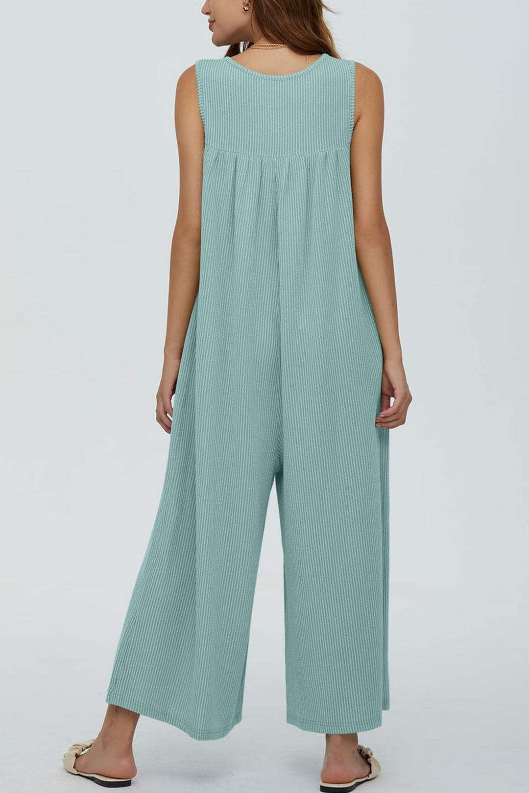Single-breasted Pocketed Sleeveless Jumpsuits Green · L