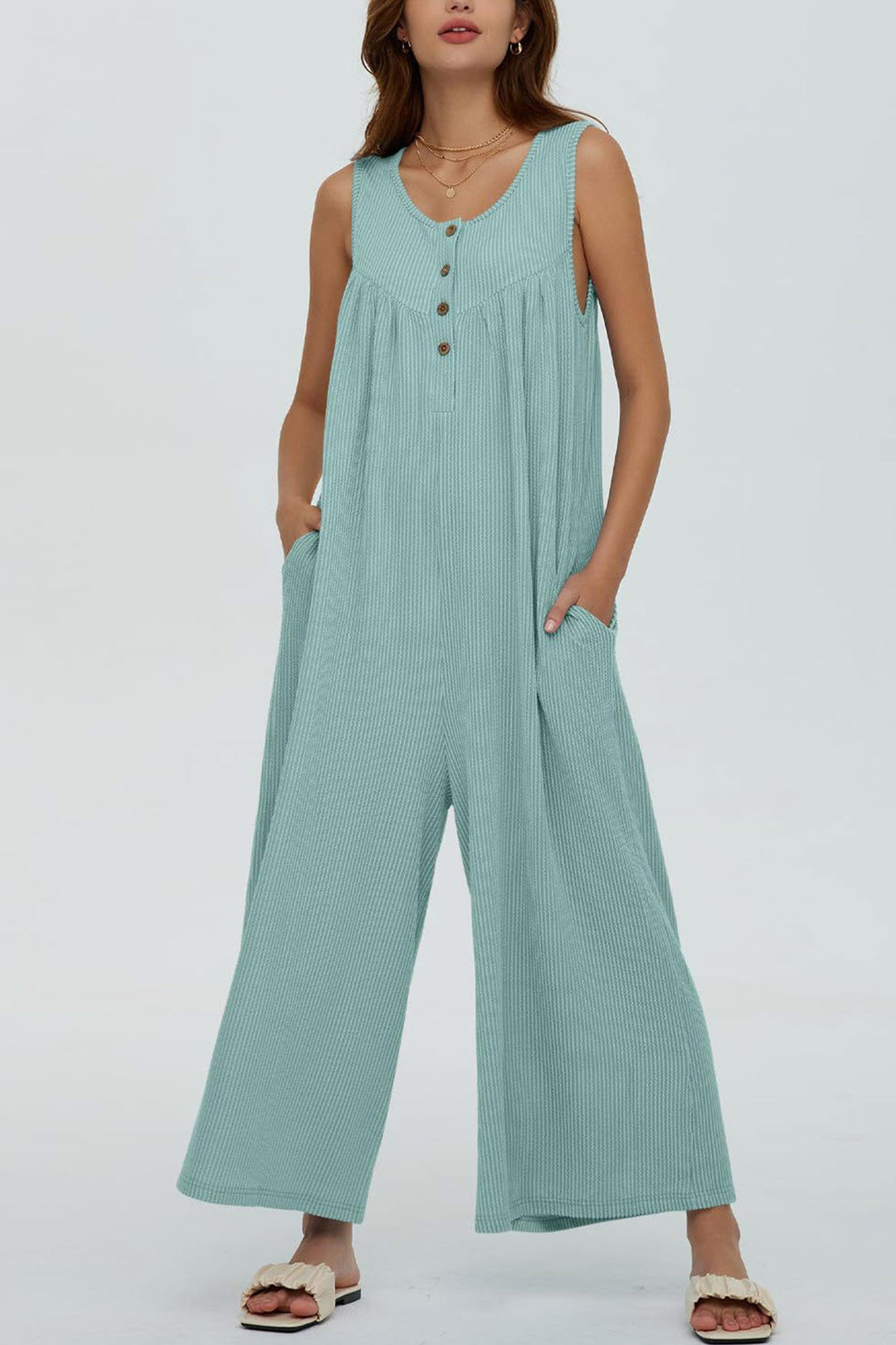 Single-breasted Pocketed Sleeveless Jumpsuits Green · M