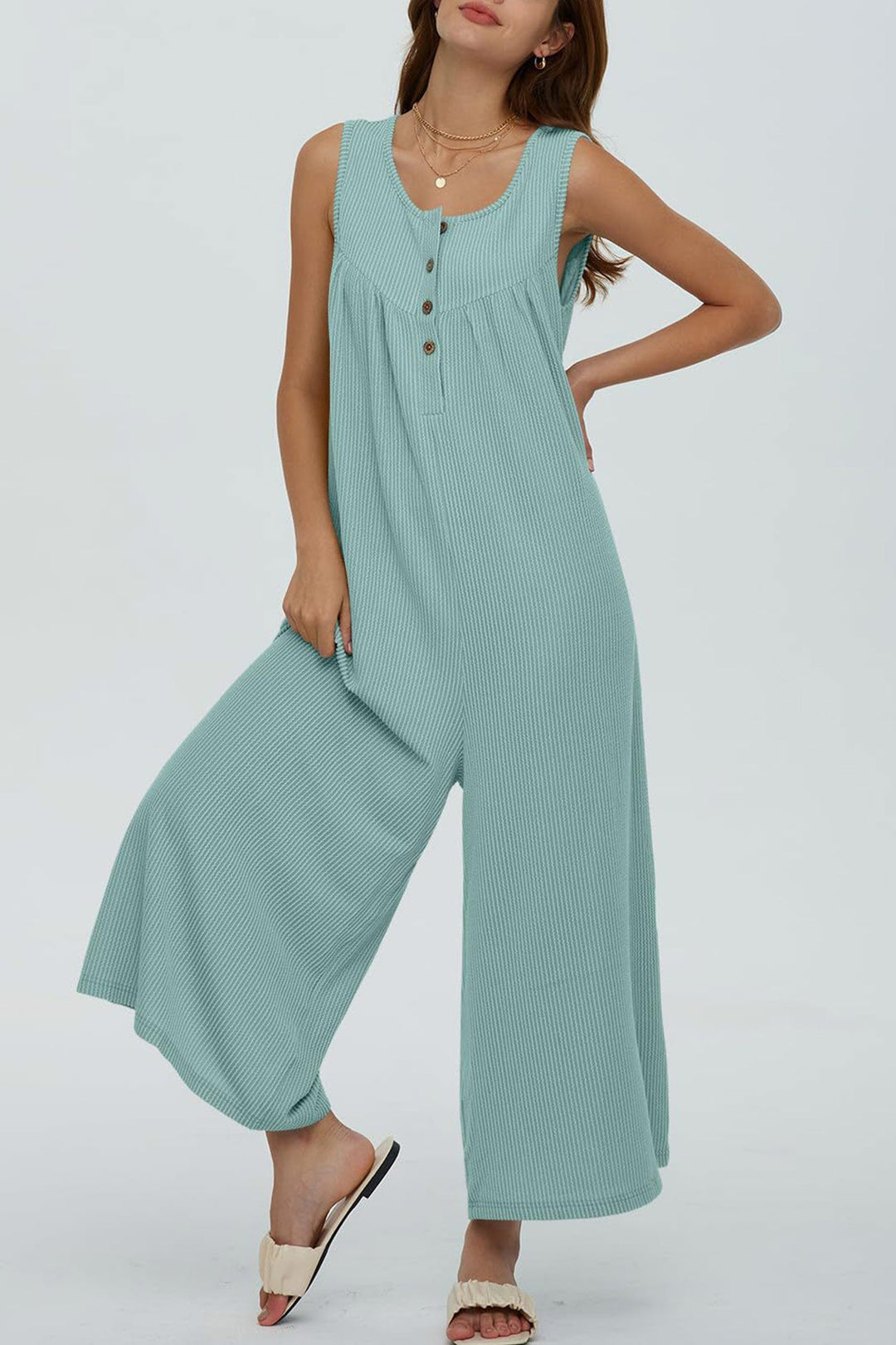 Single-breasted Pocketed Sleeveless Jumpsuits Green · S