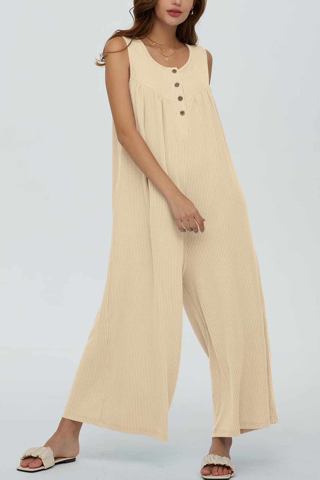 Single-breasted Pocketed Sleeveless Jumpsuits Apricot · S