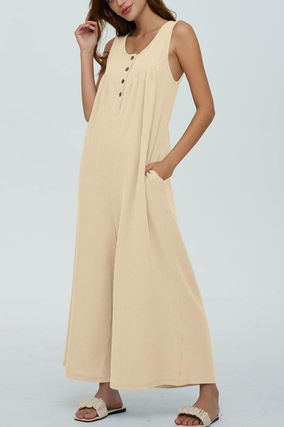 Single-breasted Pocketed Sleeveless Jumpsuits Apricot · L