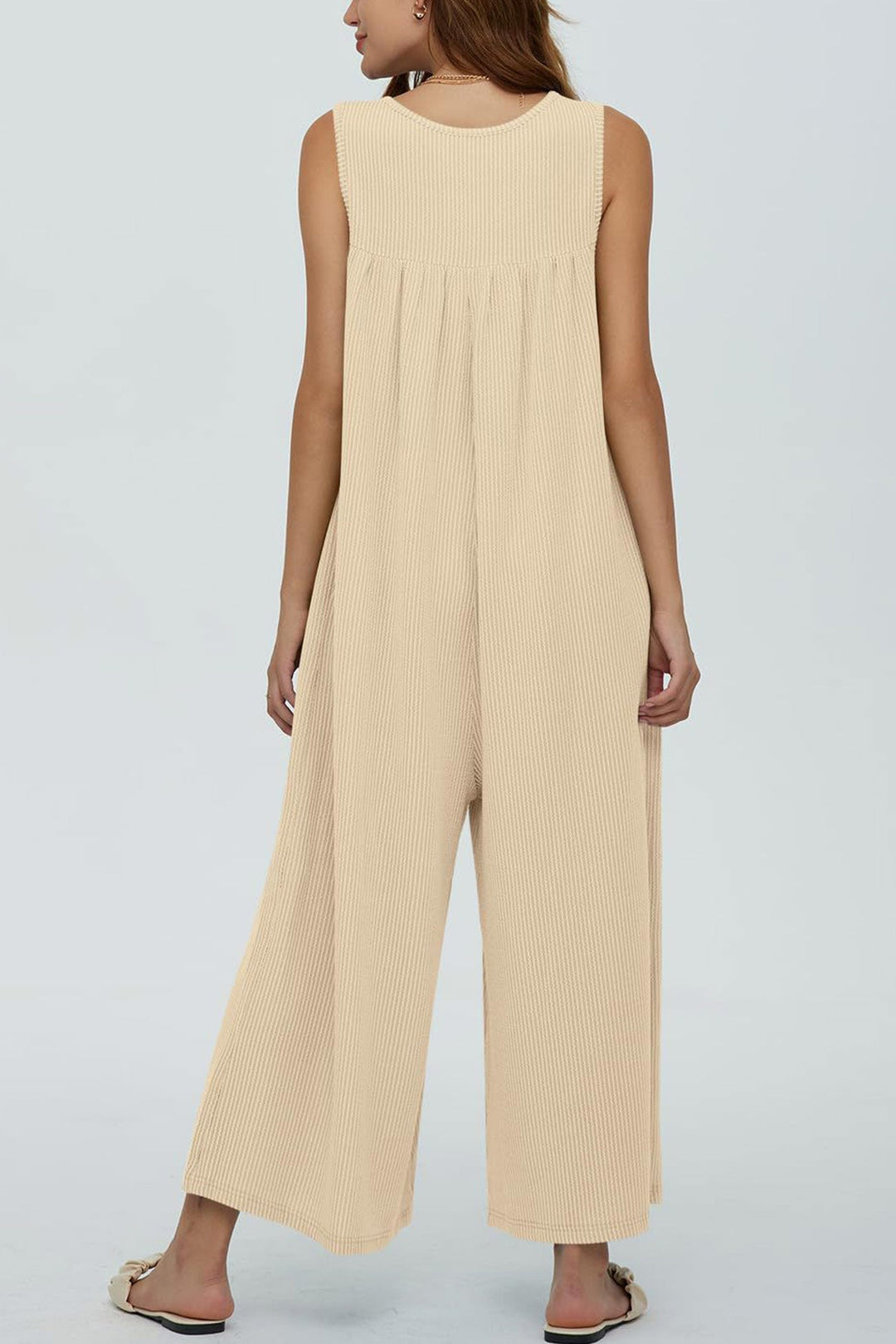 Single-breasted Pocketed Sleeveless Jumpsuits Apricot · XL