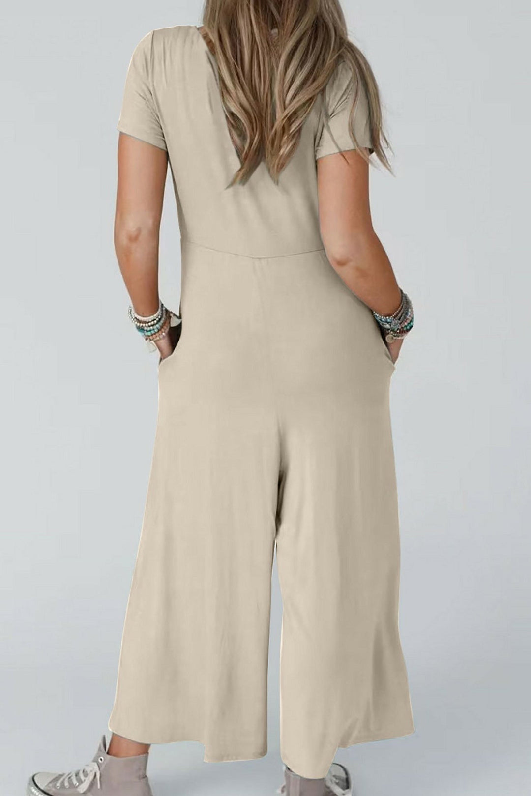 Single-breasted Short Sleeve Pocketed Jumpsuits Coffee · S