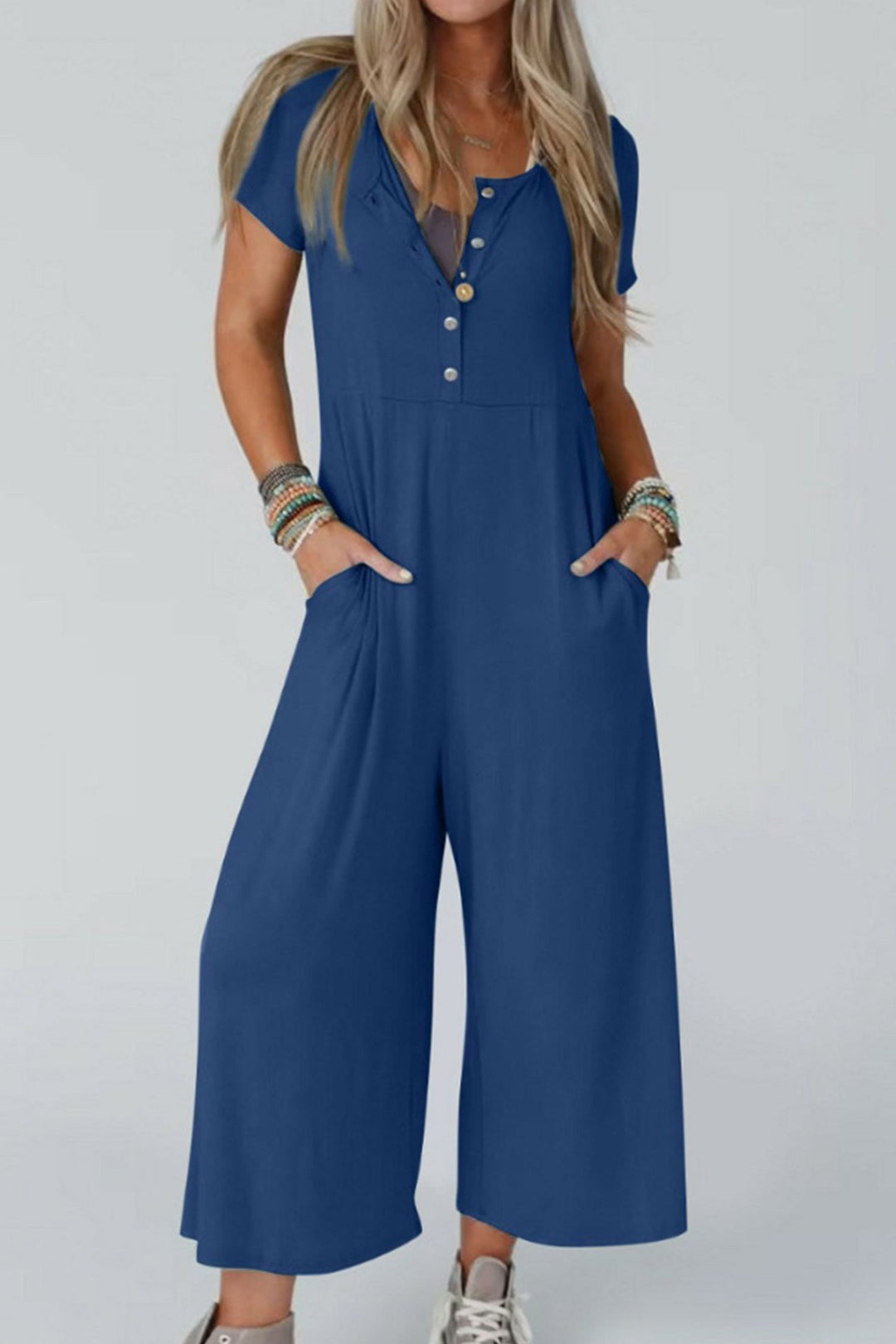 Single-breasted Short Sleeve Pocketed Jumpsuits Coffee · M