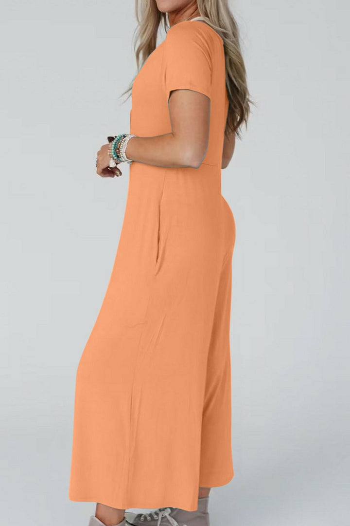 Single-breasted Short Sleeve Pocketed Jumpsuits Orange · S