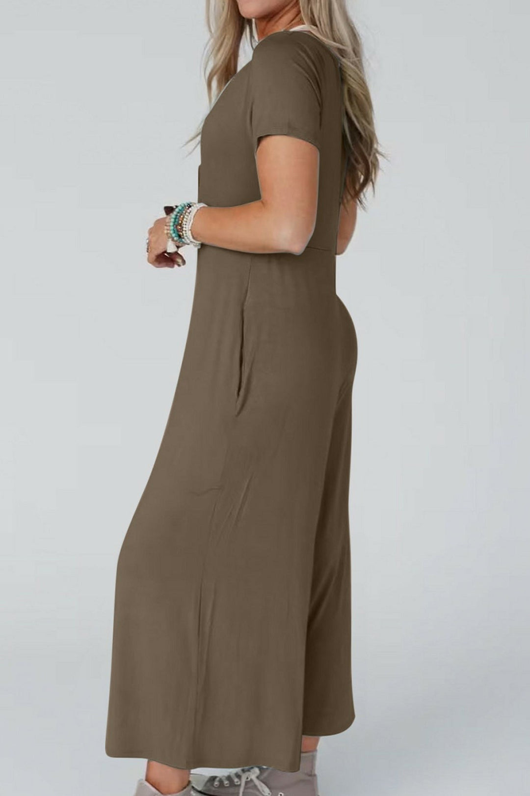 Single-breasted Short Sleeve Pocketed Jumpsuits Green · M