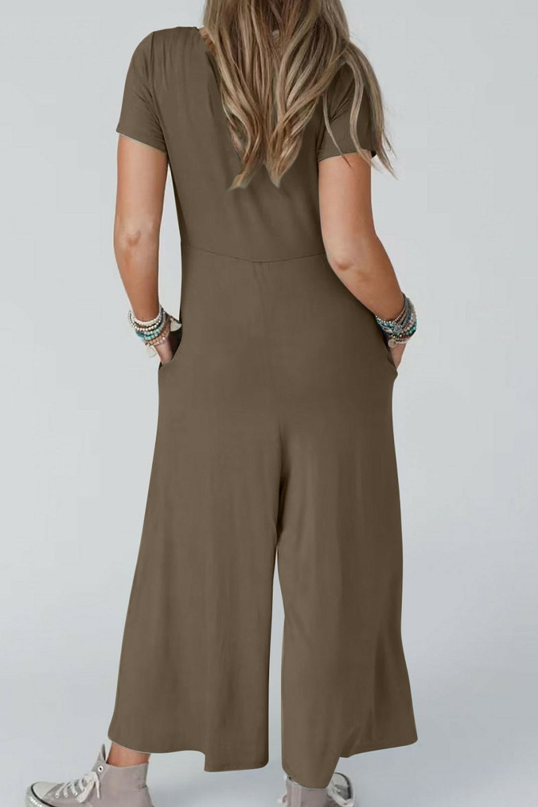 Single-breasted Short Sleeve Pocketed Jumpsuits Green · L