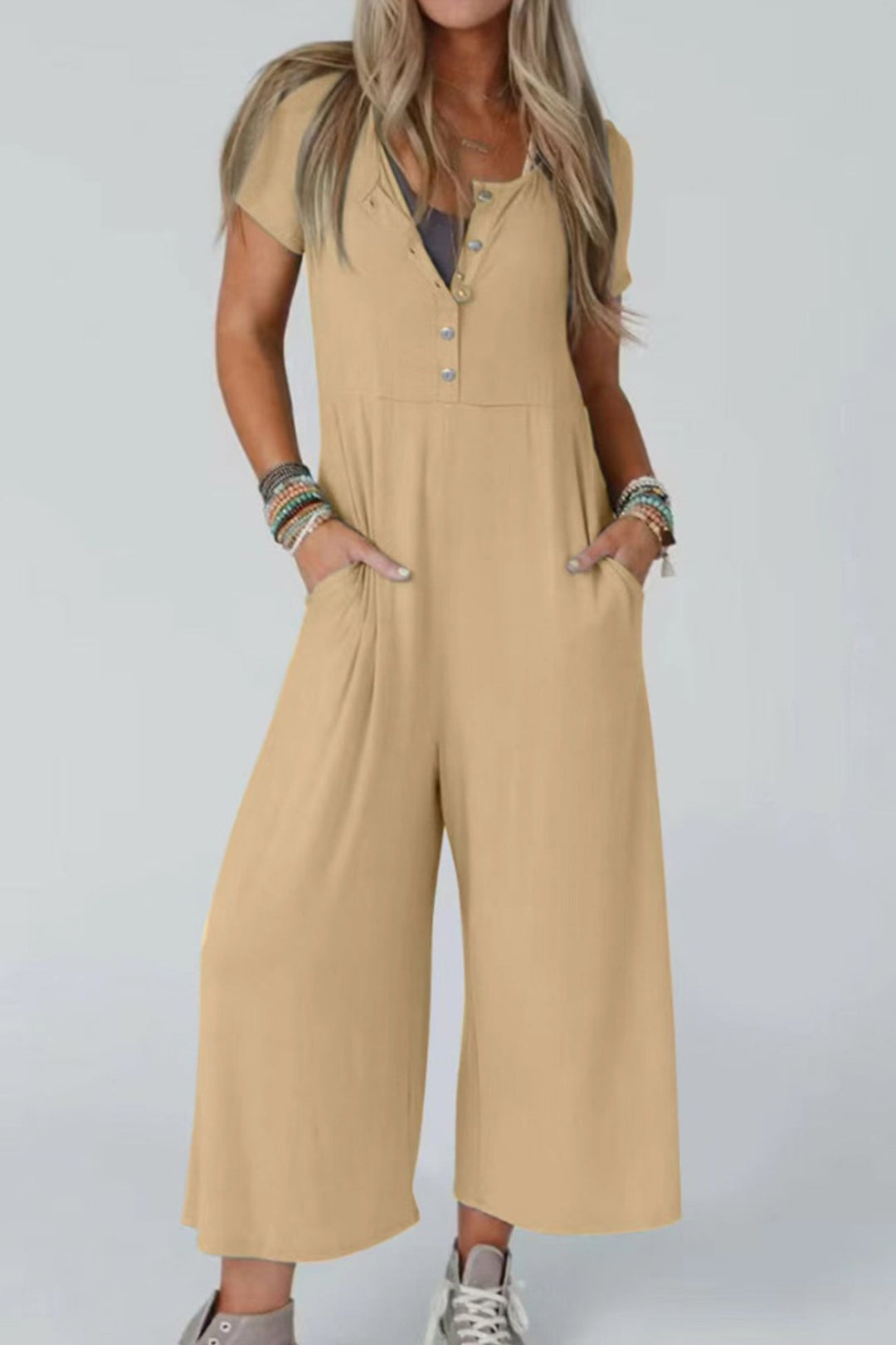 Single-breasted Short Sleeve Pocketed Jumpsuits Coffee · 2XL