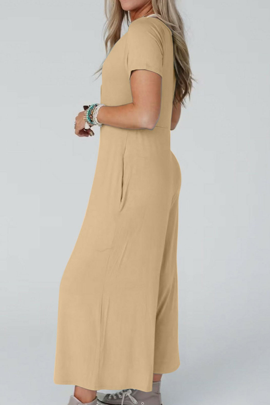 Single-breasted Short Sleeve Pocketed Jumpsuits Khaki · S