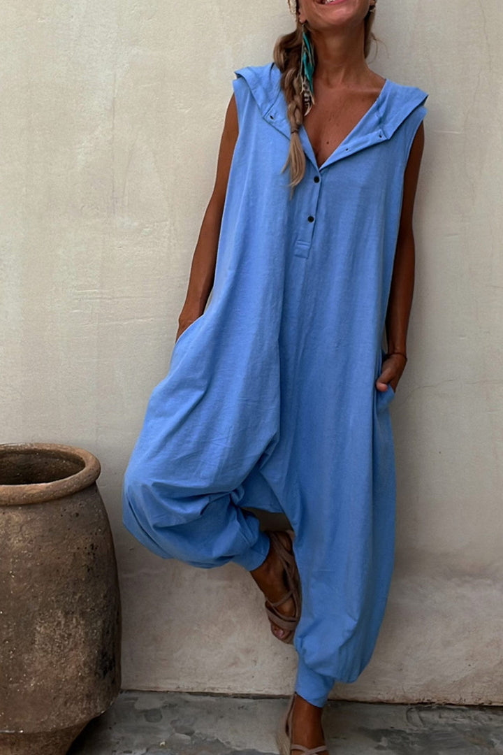 Single-breasted Sleeveless Hooded Jumpsuit Yellow · 2XL