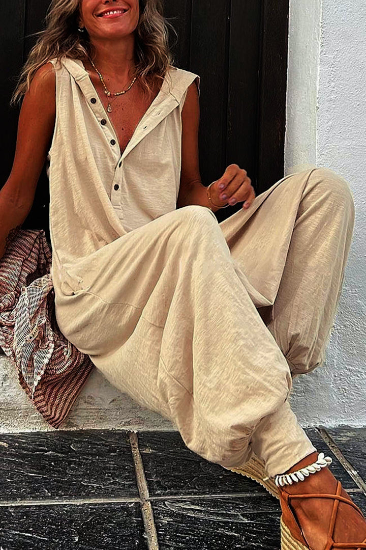 Single-breasted Sleeveless Hooded Jumpsuit Lavender · L