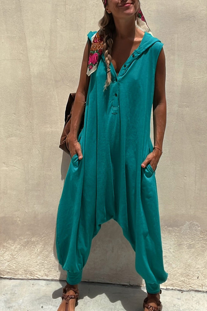 Single-breasted Sleeveless Hooded Jumpsuit Beige · XL