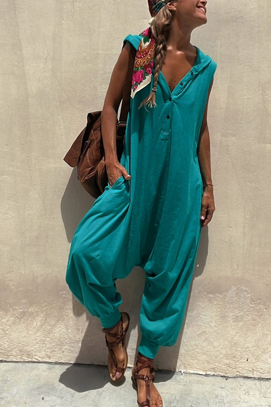 Single-breasted Sleeveless Hooded Jumpsuit Beige · S