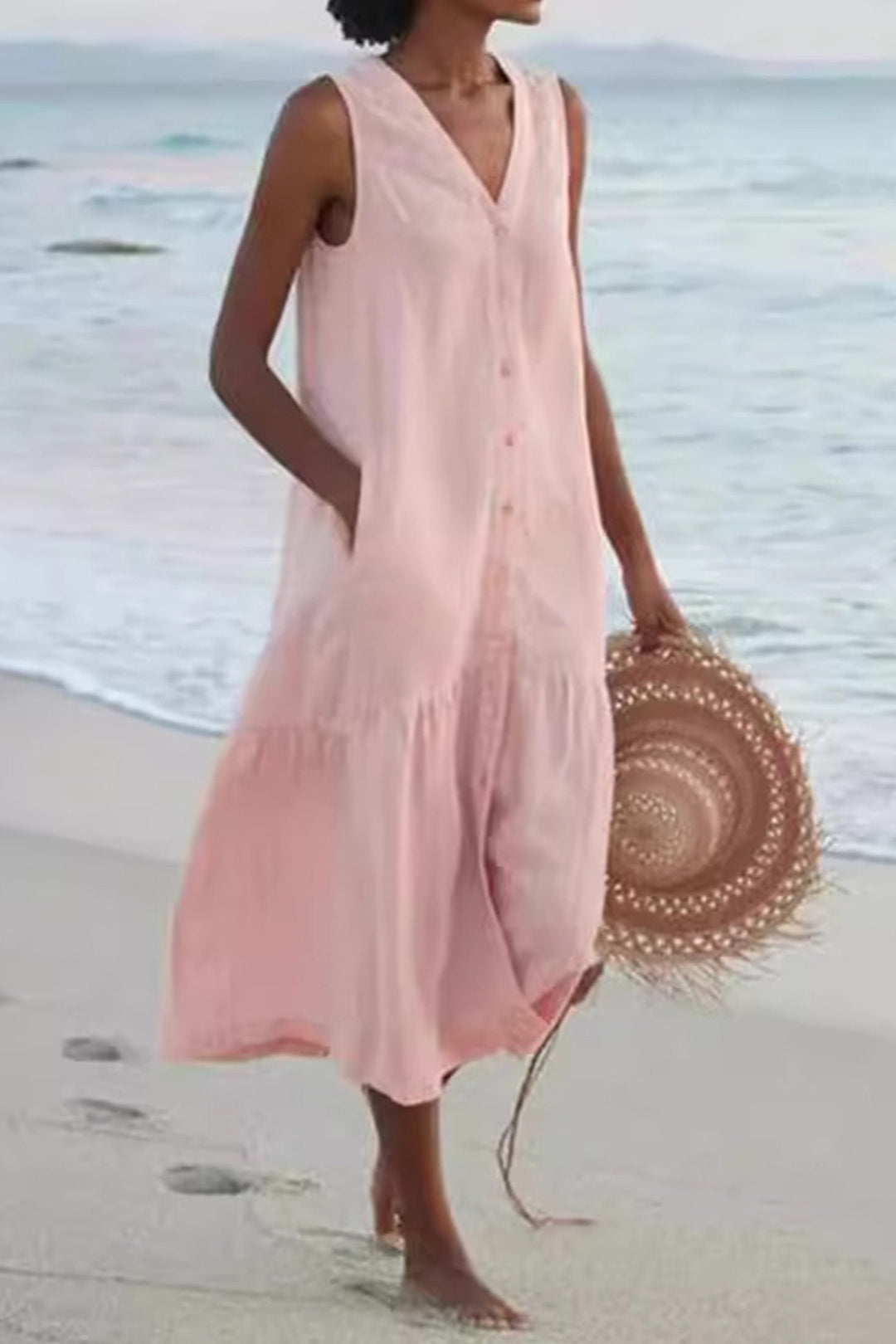 Single-breasted Sleeveless Pocketed Cotton Dress Beige · M