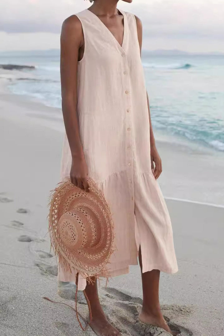 Single-breasted Sleeveless Pocketed Cotton Dress Beige · S